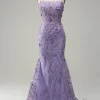 A-Line Spaghetti Straps Beaded Purple Mermaid Prom Dress