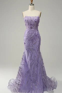 A-Line Spaghetti Straps Beaded Purple Mermaid Prom Dress