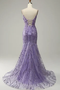 A-Line Spaghetti Straps Beaded Purple Mermaid Prom Dress