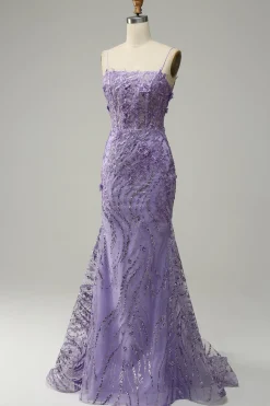 A-Line Spaghetti Straps Beaded Purple Mermaid Prom Dress