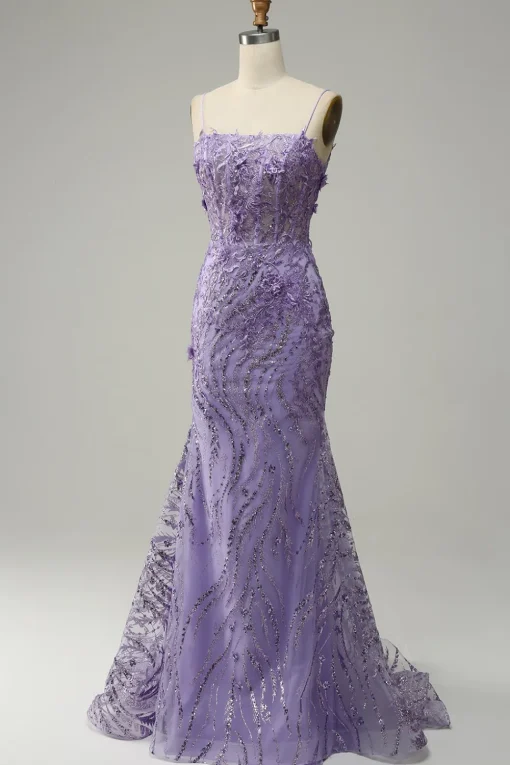 A-Line Spaghetti Straps Beaded Purple Mermaid Prom Dress