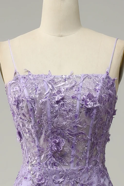 A-Line Spaghetti Straps Beaded Purple Mermaid Prom Dress