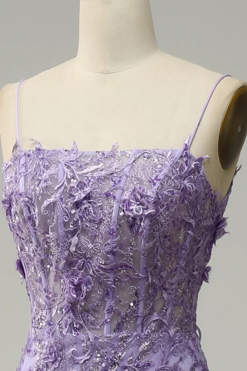 A-Line Spaghetti Straps Beaded Purple Mermaid Prom Dress