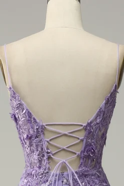 A-Line Spaghetti Straps Beaded Purple Mermaid Prom Dress