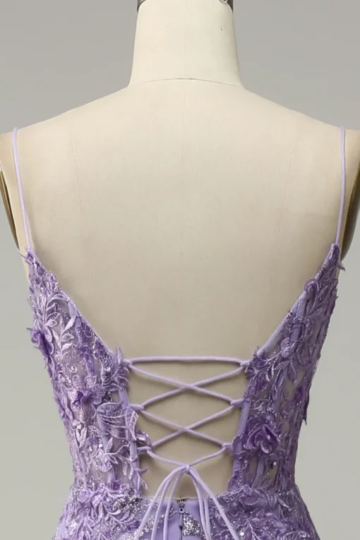 A-Line Spaghetti Straps Beaded Purple Mermaid Prom Dress