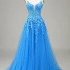 A-Line Spaghetti Straps Blue Tulle Prom Dress With Appliques