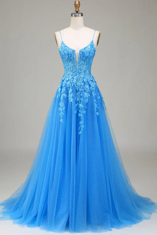 A-Line Spaghetti Straps Blue Tulle Prom Dress With Appliques