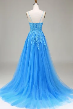 A-Line Spaghetti Straps Blue Tulle Prom Dress With Appliques