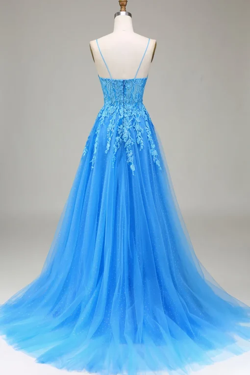 A-Line Spaghetti Straps Blue Tulle Prom Dress With Appliques