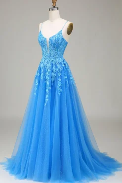 A-Line Spaghetti Straps Blue Tulle Prom Dress With Appliques