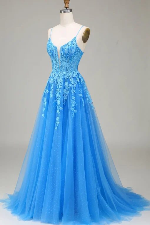 A-Line Spaghetti Straps Blue Tulle Prom Dress With Appliques
