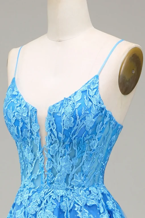 A-Line Spaghetti Straps Blue Tulle Prom Dress With Appliques