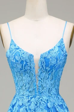 A-Line Spaghetti Straps Blue Tulle Prom Dress With Appliques