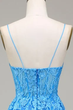A-Line Spaghetti Straps Blue Tulle Prom Dress With Appliques