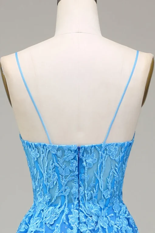 A-Line Spaghetti Straps Blue Tulle Prom Dress With Appliques