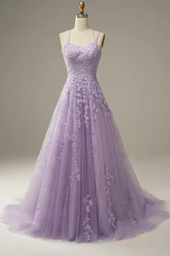 A-Line Spaghetti Straps Purple Long Prom Dress