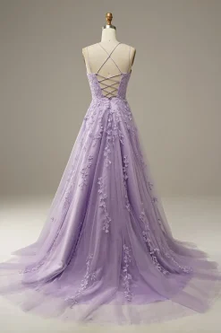 A-Line Spaghetti Straps Purple Long Prom Dress