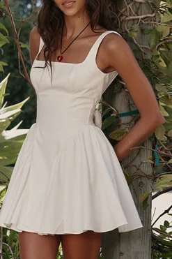 A-Line Square Neck Open Back Mini White Graduation Dress
