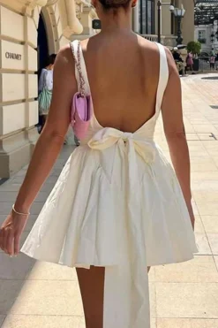 A-Line Square Neck Open Back Mini White Graduation Dress