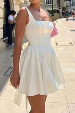 A-Line Square Neck Open Back Mini White Graduation Dress