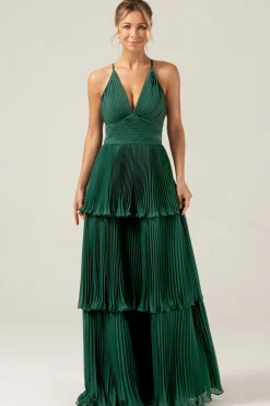 A-Line Tiered Chiffon Dark Green Long Bridesmaid Dress with Pleated