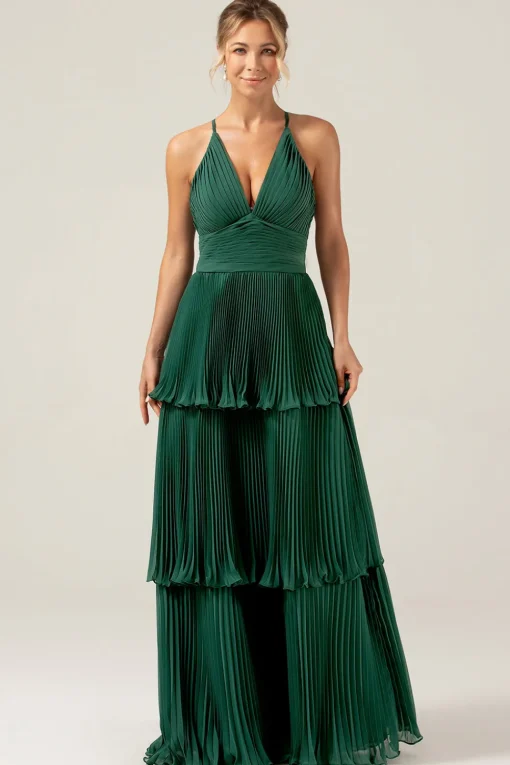 A-Line Tiered Chiffon Dark Green Long Bridesmaid Dress with Pleated