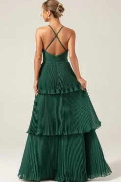 A-Line Tiered Chiffon Dark Green Long Bridesmaid Dress with Pleated