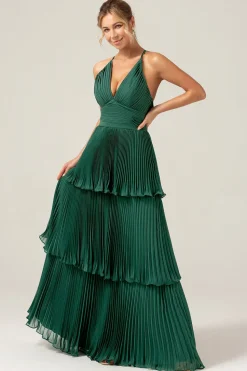 A-Line Tiered Chiffon Dark Green Long Bridesmaid Dress with Pleated