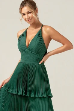 A-Line Tiered Chiffon Dark Green Long Bridesmaid Dress with Pleated