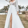 A-Line Tulle Beaded Ivory Wedding Dress with Long Sleeves