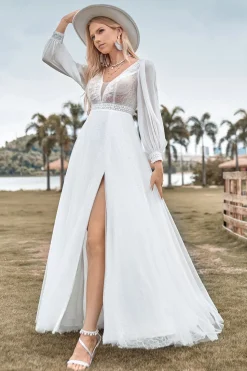 A-Line Tulle Beaded Ivory Wedding Dress with Long Sleeves