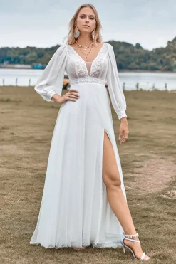 A-Line Tulle Beaded Ivory Wedding Dress with Long Sleeves