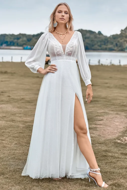 A-Line Tulle Beaded Ivory Wedding Dress with Long Sleeves