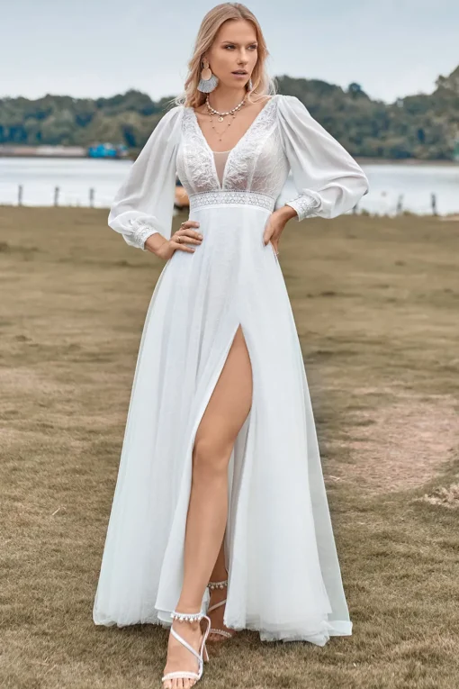 A-Line Tulle Beaded Ivory Wedding Dress with Long Sleeves