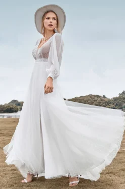 A-Line Tulle Beaded Ivory Wedding Dress with Long Sleeves