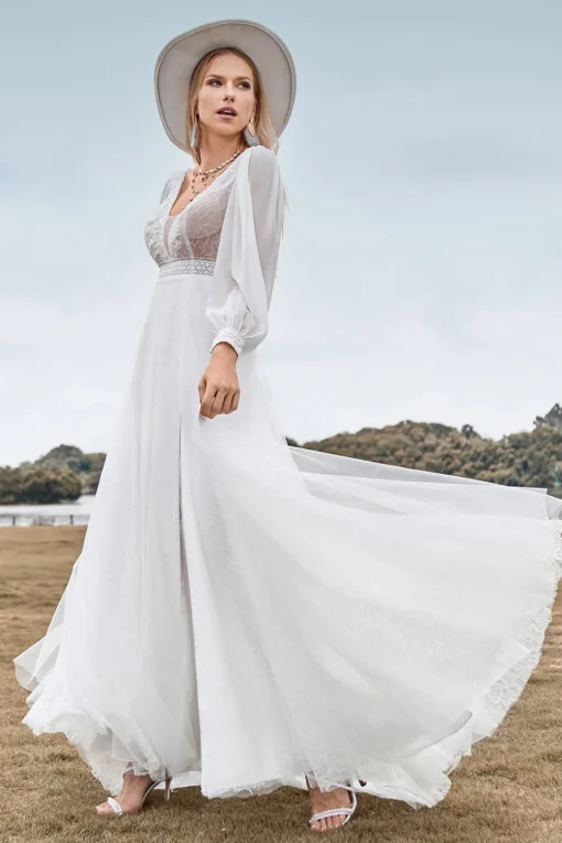 A-Line Tulle Beaded Ivory Wedding Dress with Long Sleeves