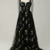 A-line Tulle Black Prom Dress with Embroidery
