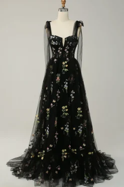A-line Tulle Black Prom Dress with Embroidery