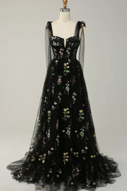 A-line Tulle Black Prom Dress with Embroidery