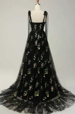 A-line Tulle Black Prom Dress with Embroidery