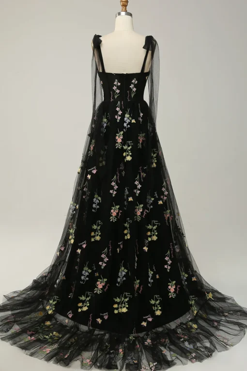 A-line Tulle Black Prom Dress with Embroidery