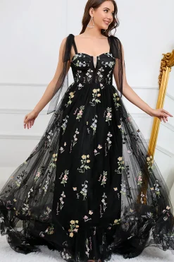 A-line Tulle Black Prom Dress with Embroidery
