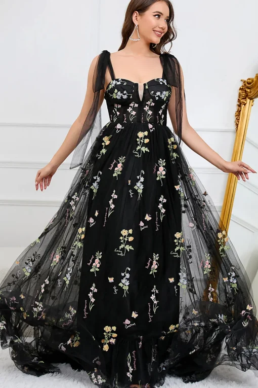 A-line Tulle Black Prom Dress with Embroidery