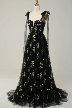 A-line Tulle Black Prom Dress with Embroidery