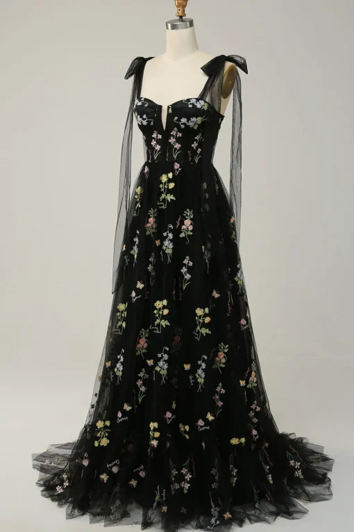 A-line Tulle Black Prom Dress with Embroidery
