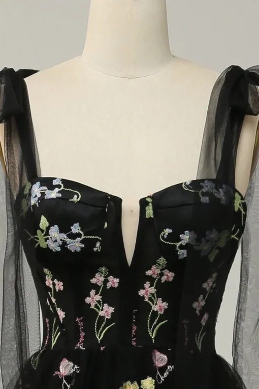 A-line Tulle Black Prom Dress with Embroidery