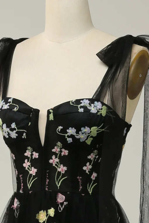 A-line Tulle Black Prom Dress with Embroidery