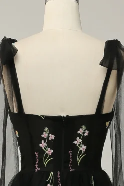 A-line Tulle Black Prom Dress with Embroidery