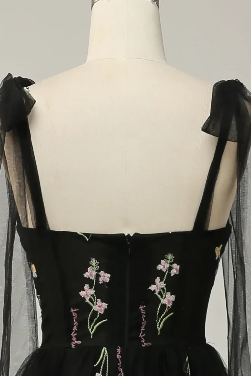 A-line Tulle Black Prom Dress with Embroidery
