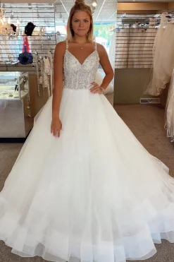 A-Line Tulle Spaghetti Straps White Corset Long Wedding Dress with Beading